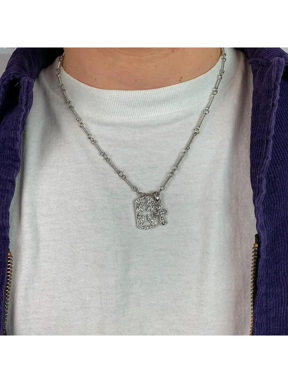 Y2K Cyber Grunge Silver Cross Rhinestone Dog Tag Style Pendant Necklace